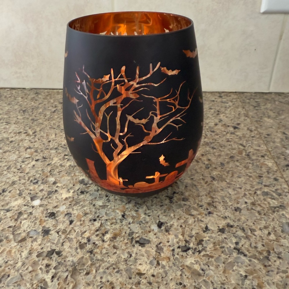 Black and Orange Stemless Wine Glass with Tree Design